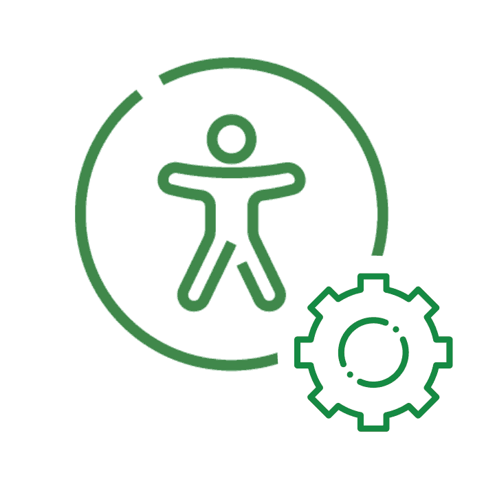 a gif of a gear turning next to a still image of the accessibility symbol, representing globalmeet's webcast accessibility settings