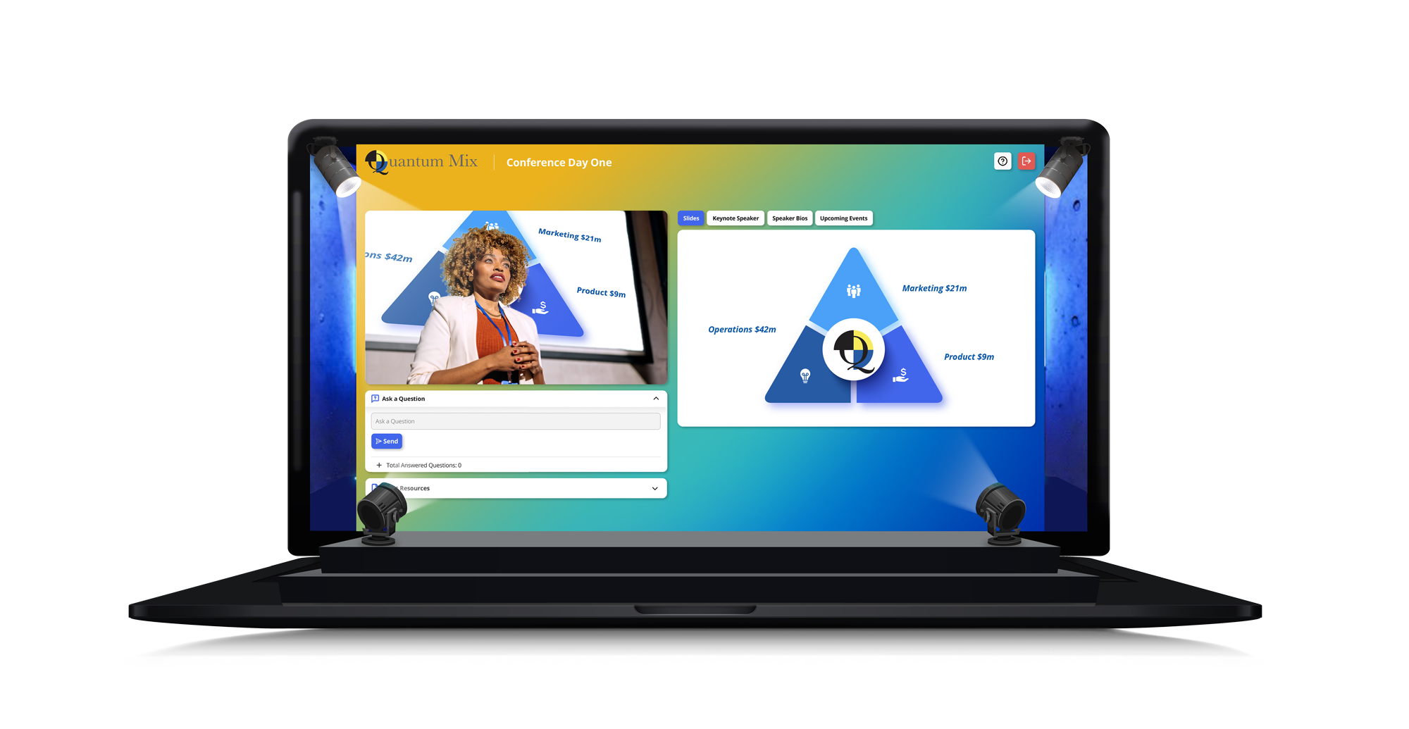 Quantum Mix Conference Day One event on a laptop with stage lights