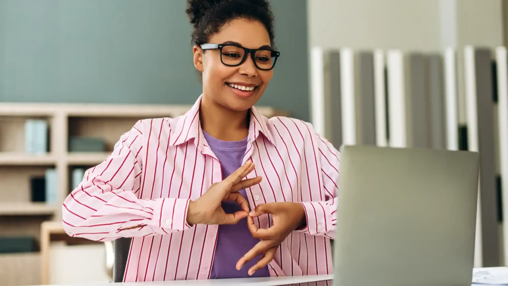 image of an asl video interpreter to represent globalmeet's webcasting accessibility features