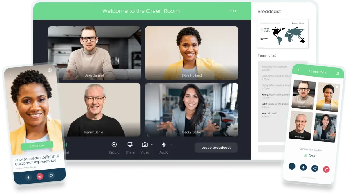 A mock up of GlobalMeet's advanced video production virtual green room feature