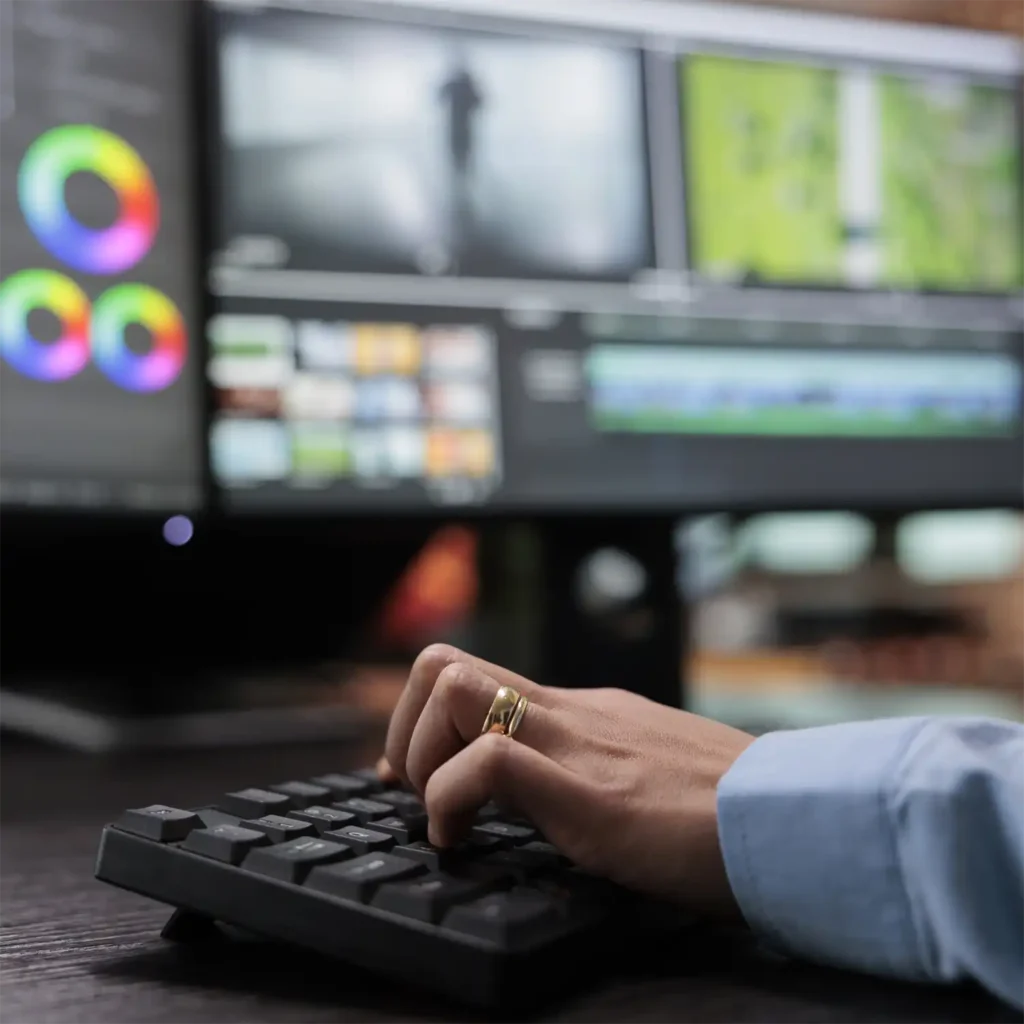 A photo of a video production professional working at her computer