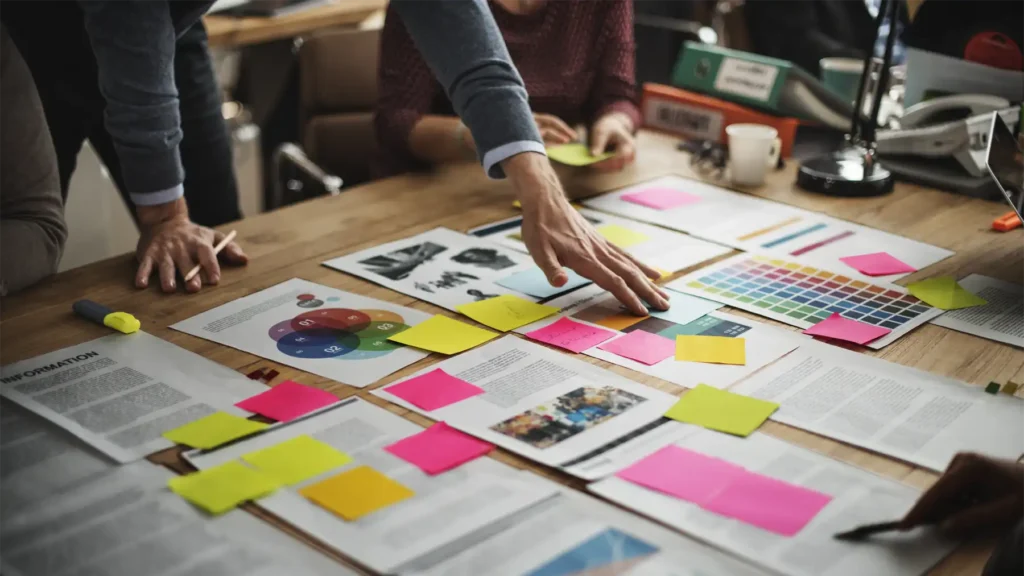 Photo of business professionals laying out their content marketing strategy on a table as they consider virtual events