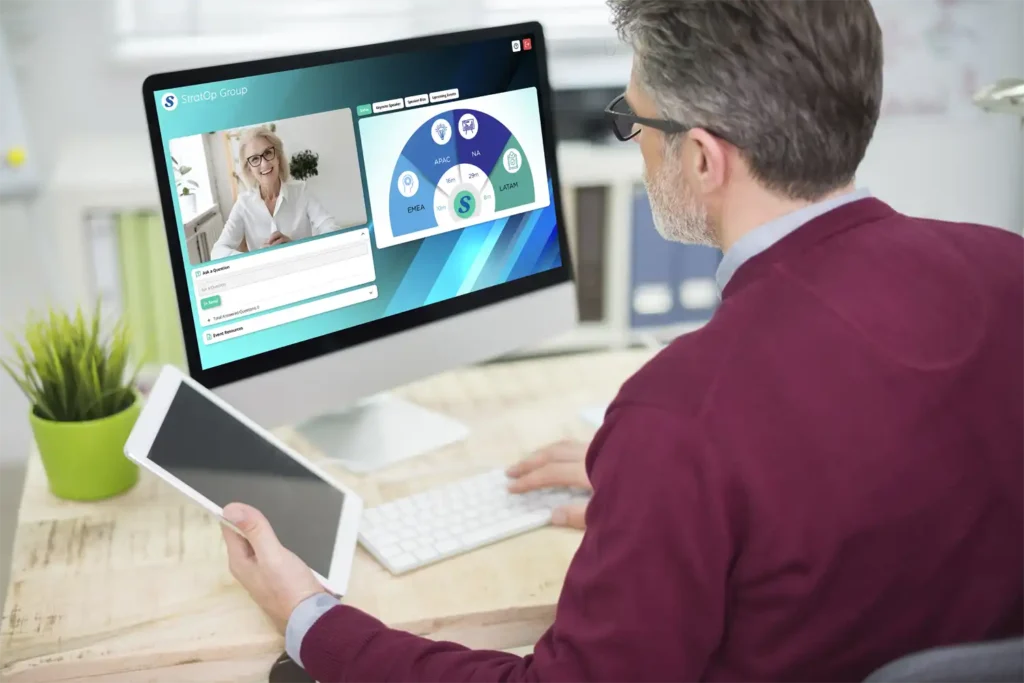 image of a business professional joining an corporate communications' teams townhall hosted on globalmeet's virtual events platform
