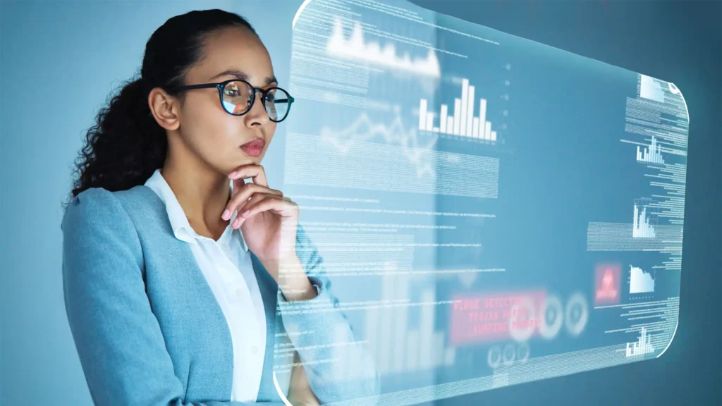 image demonstrating a business woman thinking over her event analytics