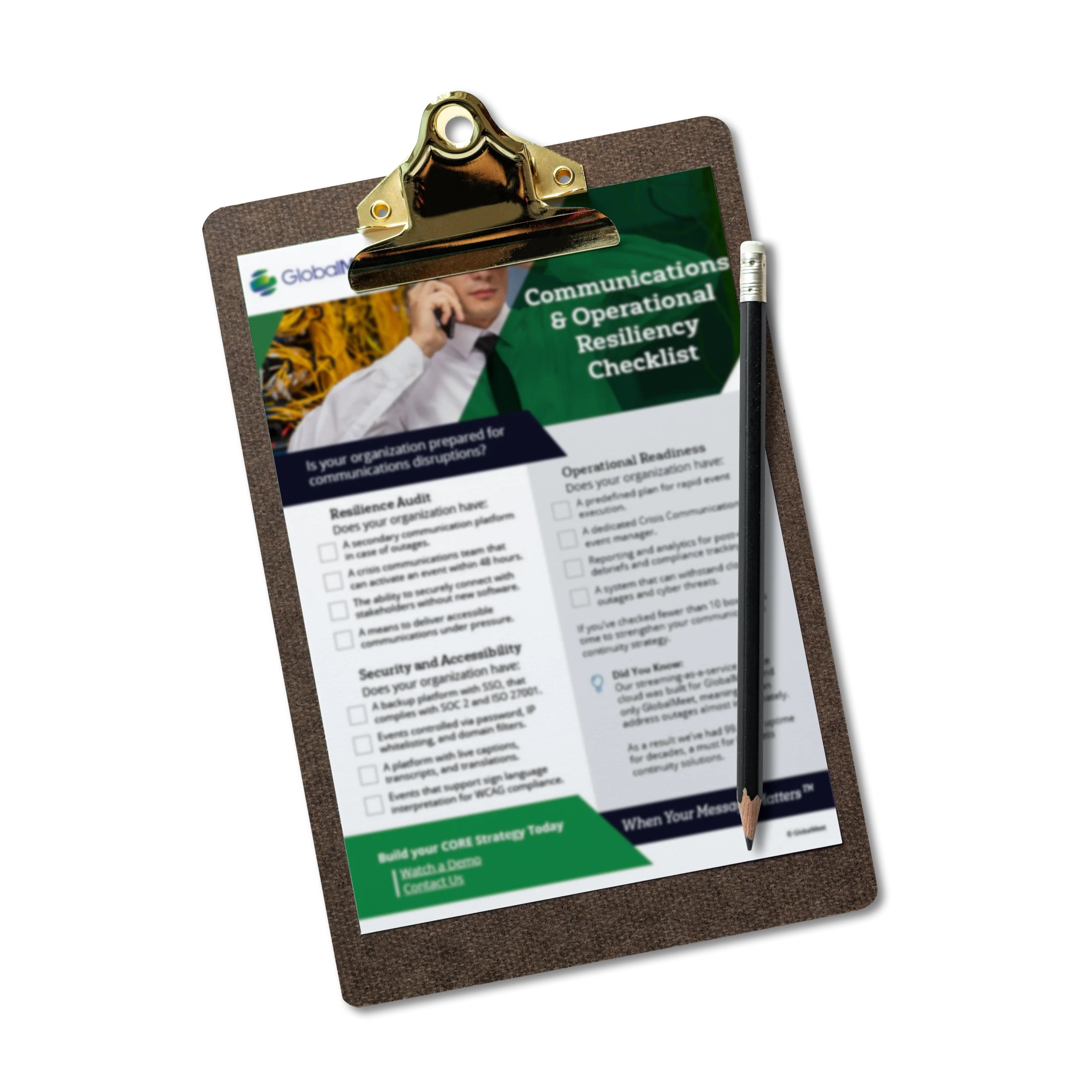 A clipboard showing a mockup image of the GlobalMeet CORE checklist