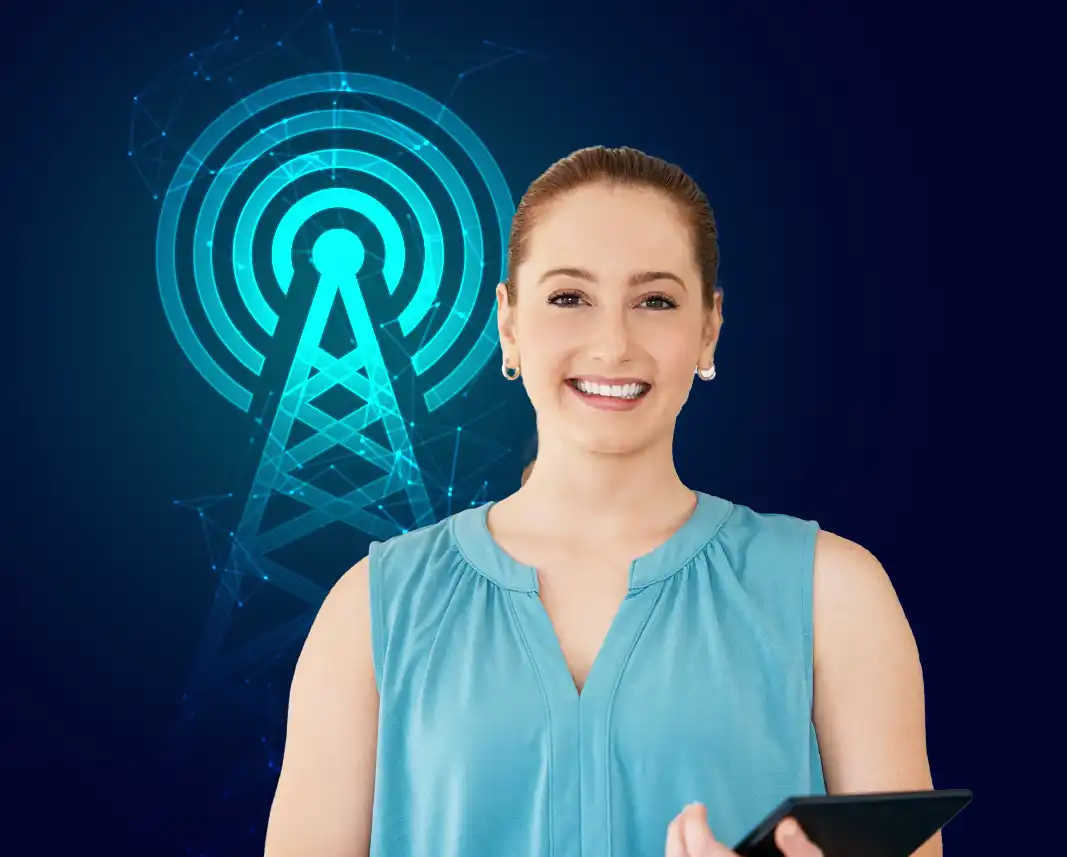 image of a corporate communications professional standing in front of a digital representation of a broadcast tower