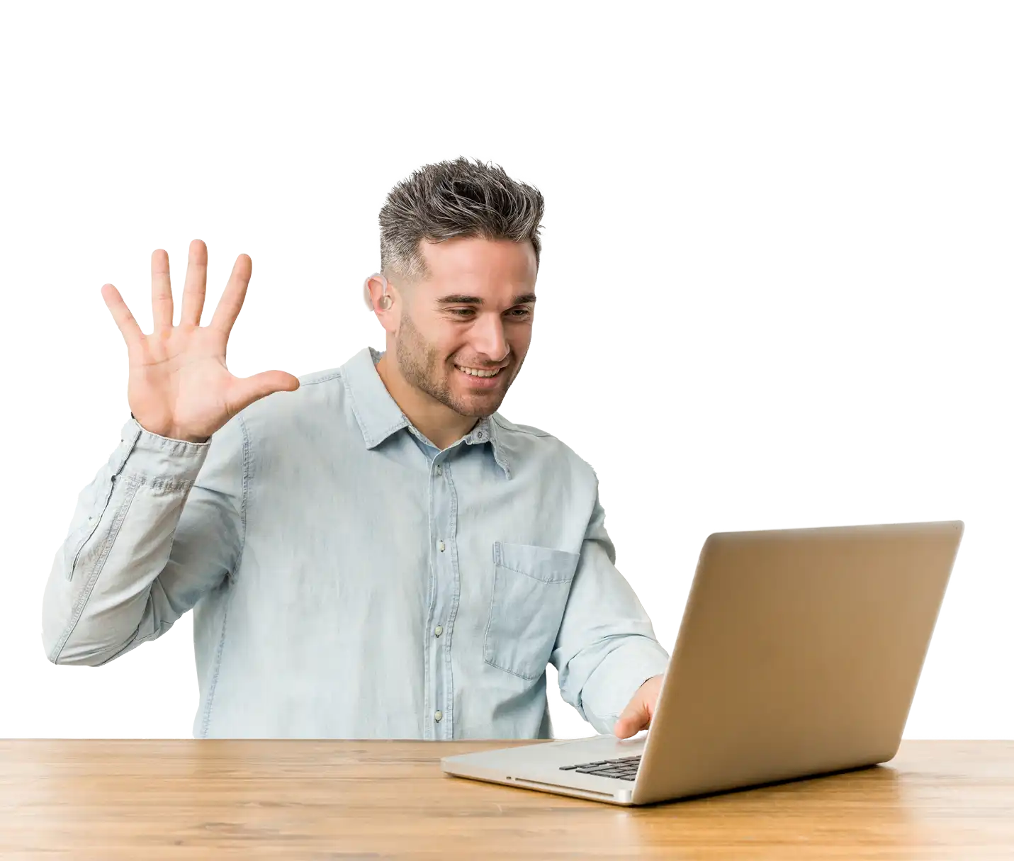 image of a deaf professional waving at a laptop