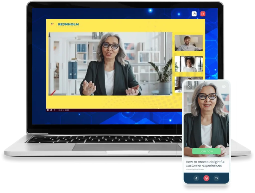 Image of an laptop and cellphone display a mock-up of GlobalMeet's Advanced Video Production features