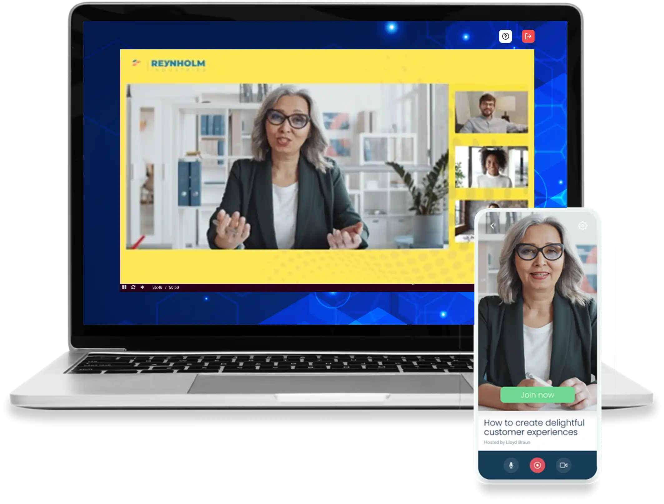 Image of an laptop and cellphone display a mock-up of GlobalMeet's Advanced Video Production features