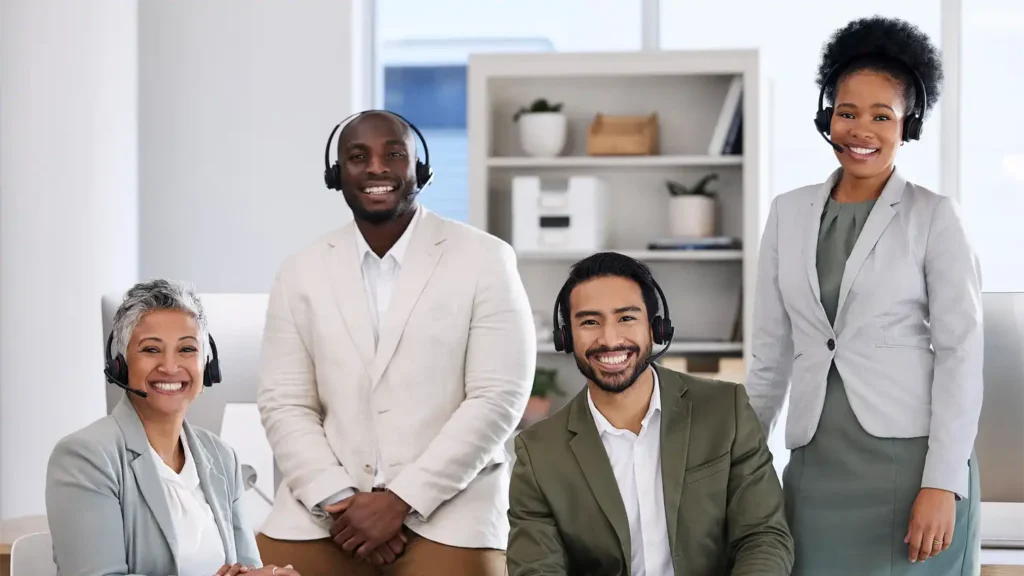 image of 4 business professionals in headsets representing globalmeet's annual event resiliency retainer service