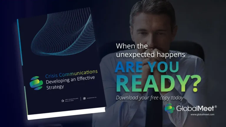 Graphic promoting GlobalMeet's Crisis Communications: Develop an Effective Strategy