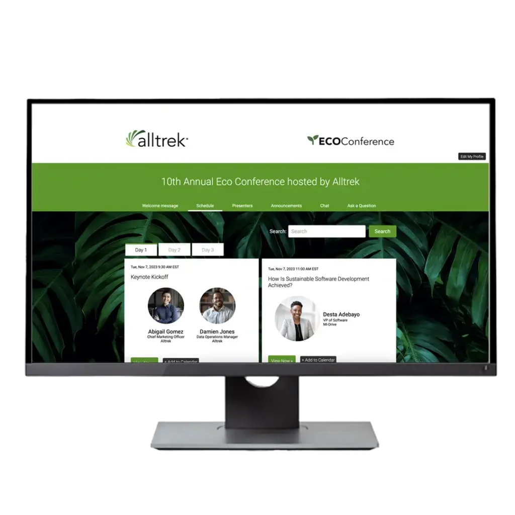 Image of a computer monitor showing a mock up of a globalmeet event portal