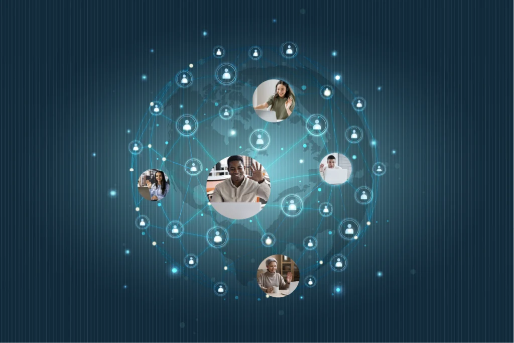 image of a digital looking globe with lines interconnecting a bunch of photos of new employees waving at their computers, illustrating globalmeet's employee onboarding events capabilities for Human Resources teams