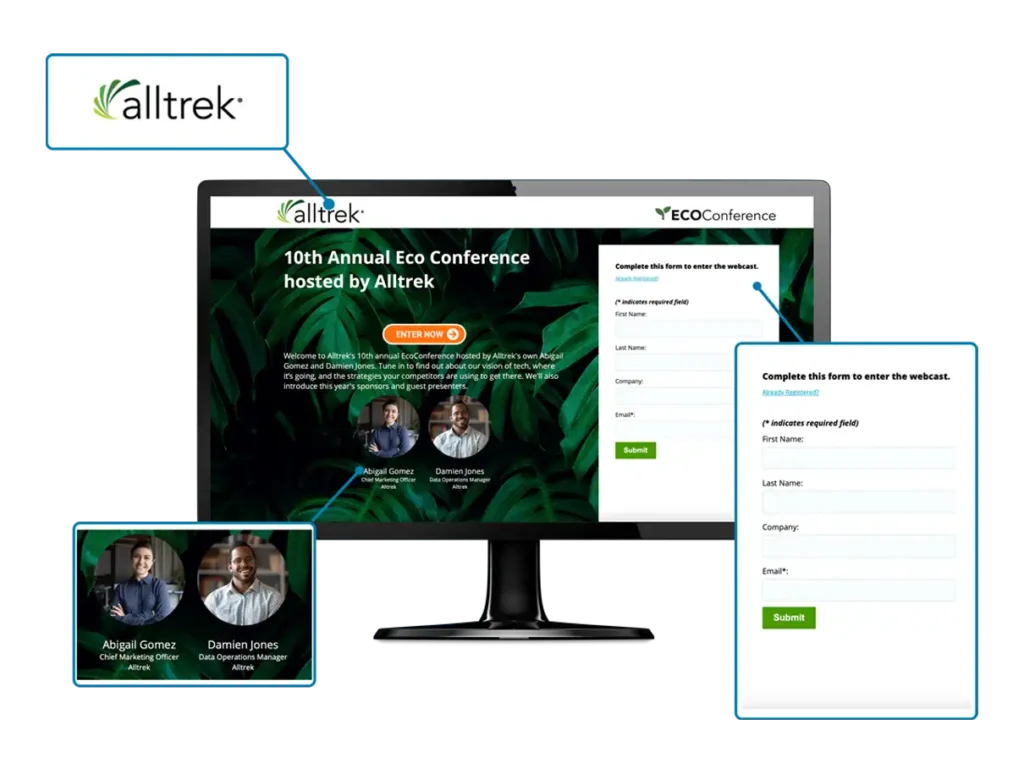 image of a computer monitor showcasing a mockup of a globalmeet webcast registration page, it highlights the header, form, and content event customization features