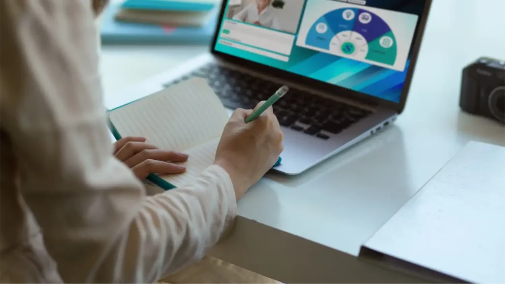 a mockup image of an employee taking a video training course hosted on globalmeet's video training platform