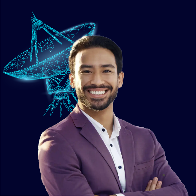 image of a marketing professional standing in front of a digital representation of a satellite dish