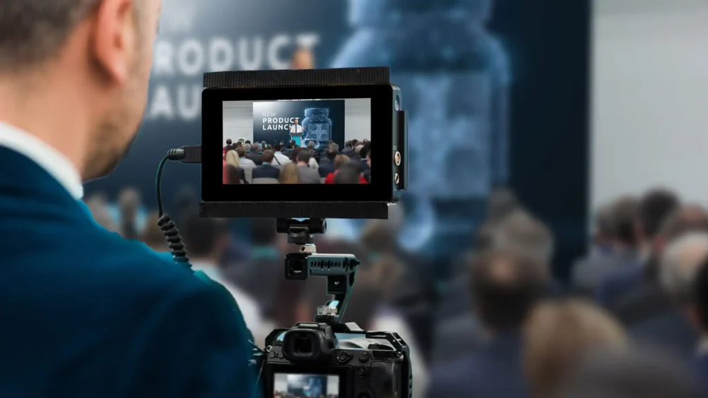 image of a globalmeet live event streaming producer recording a hybrid conference