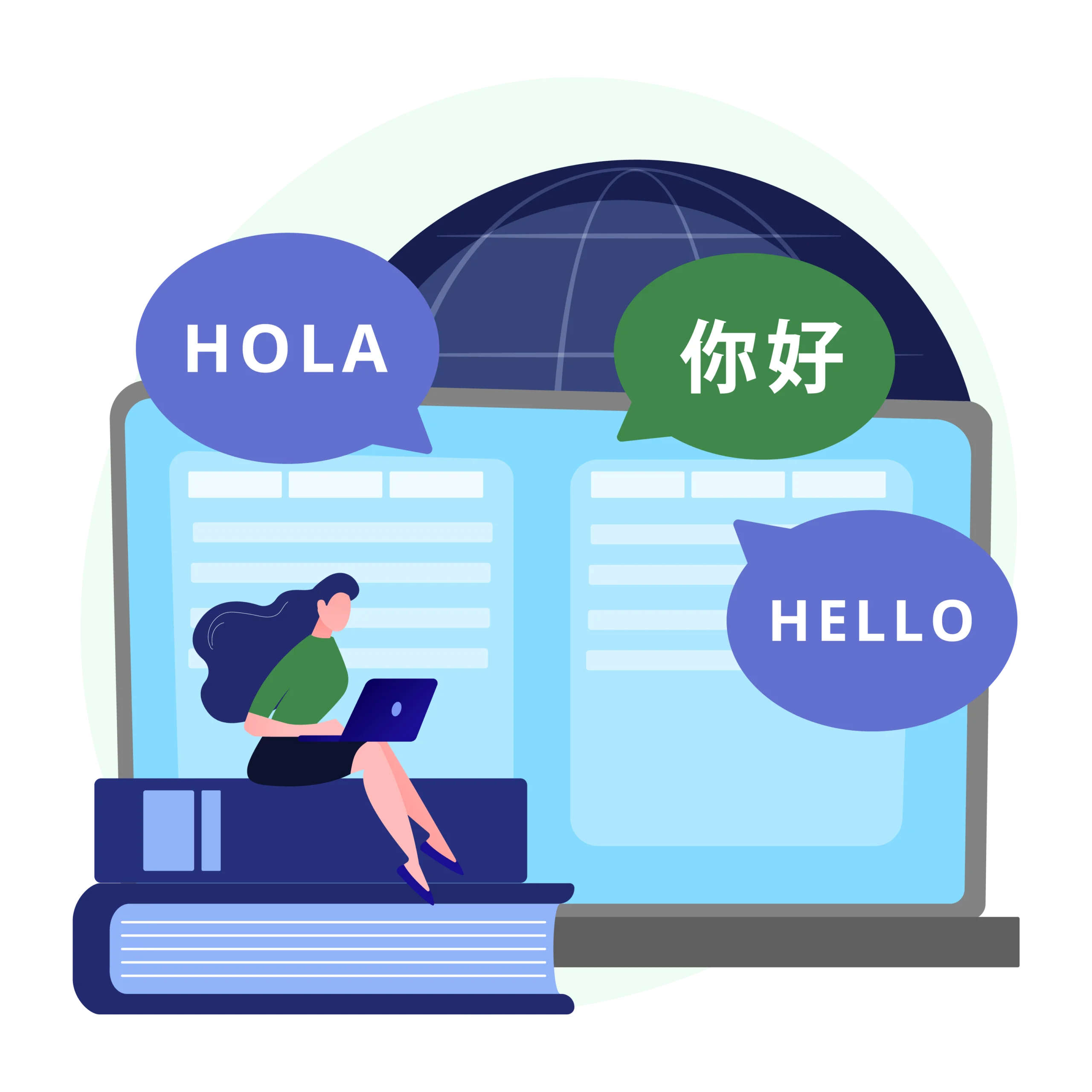 an illustration of a woman sitting on her laptop with a webpage being translated in the background, representing GlobalMeet's live event translation capabilities