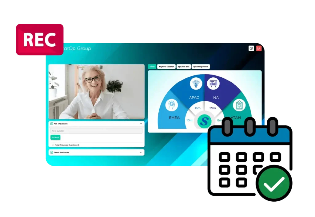 image of a mockup globalmeet webcast surrounded by a record icon and calendar icon