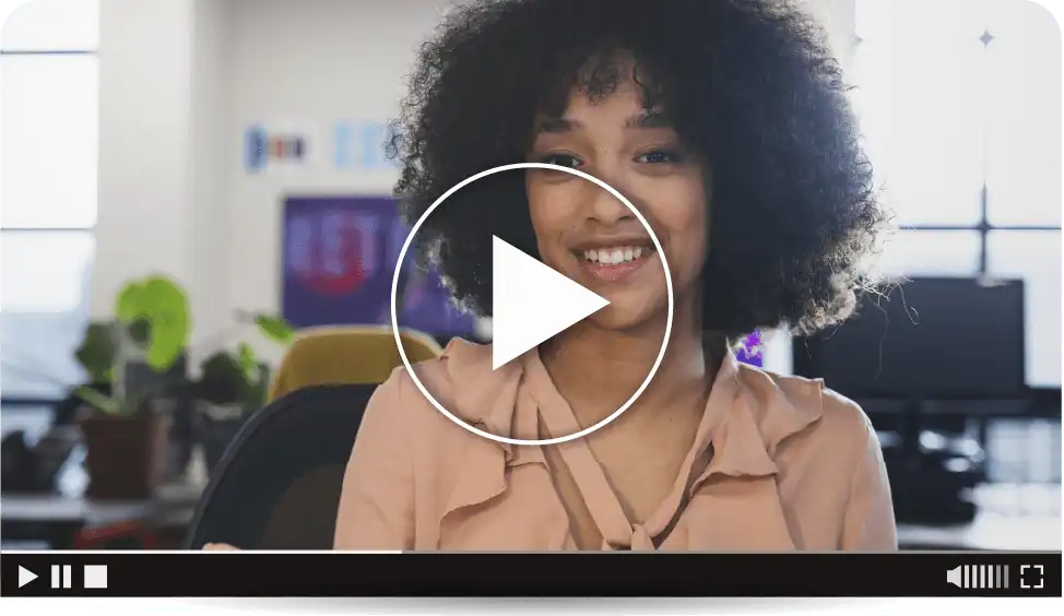 mockup of a video player paused on the image of a businesswoman speaking to the camera representing globalmeet's on-demand webcasting