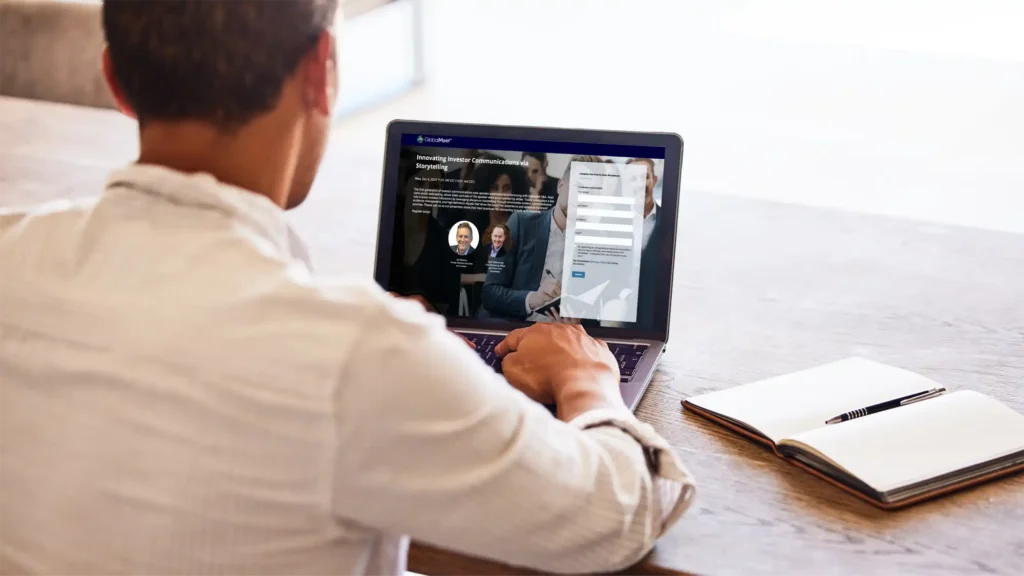 image demonstrating a business professional using globalmeet's self-service virtual event software to create an event registration page