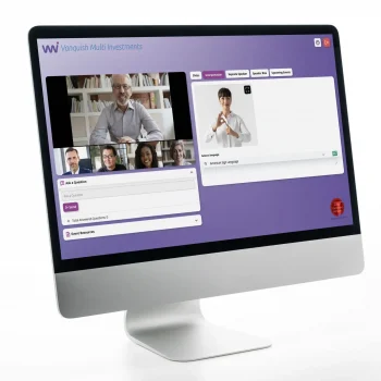 image of a computer monitor showing a mock up of a GlobalMeet webcast player page with a tab hosting a sign language interpreter next to the live video feed