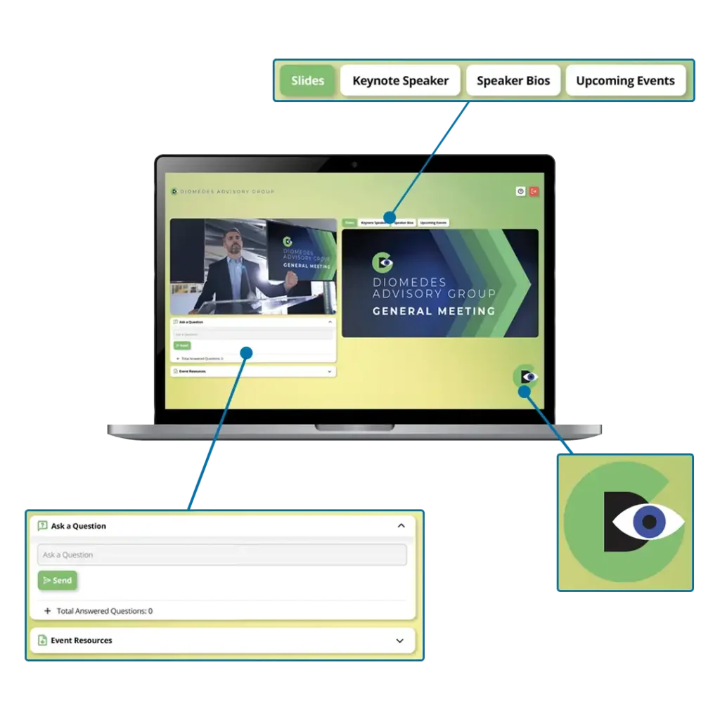 An image of a laptop showing a mock up of a globalmeet event, highlighting globalmeet's webcast player event branding capabilities