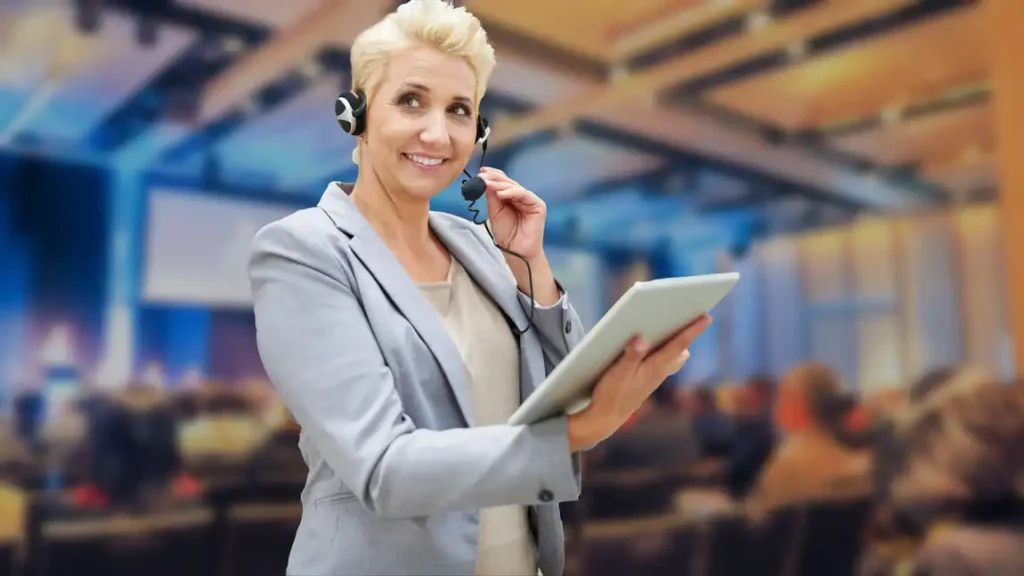 image of a woman with a clipboard and headset standing at an investor conference, representing globalmeet's virtual event production services
