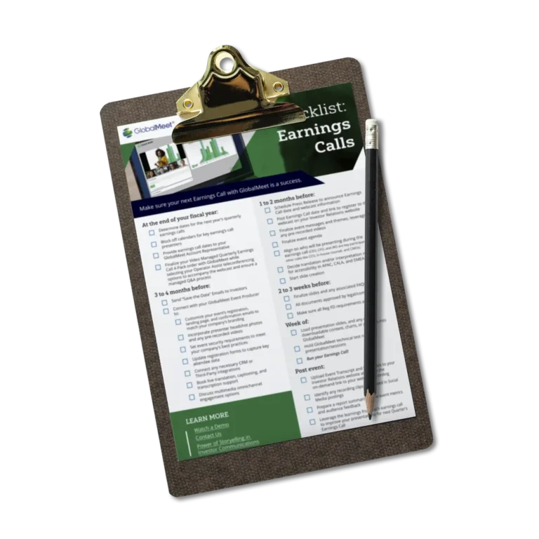 mock up image promoting globalmeet's Earnings Call Checklist showcasing a mockup of the checklist on a clip board
