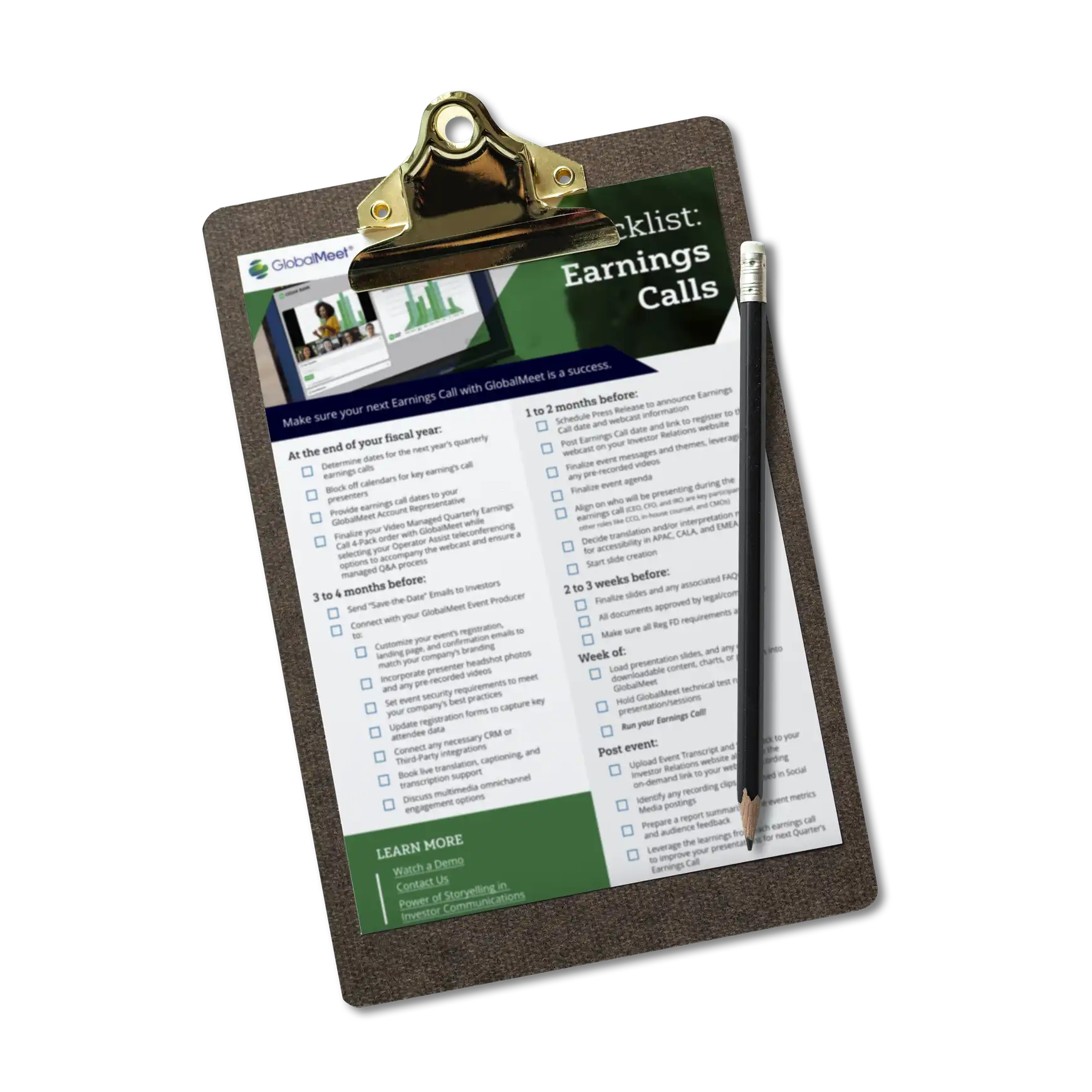 mock up image promoting globalmeet's Earnings Call Checklist showcasing a mockup of the checklist on a clip board