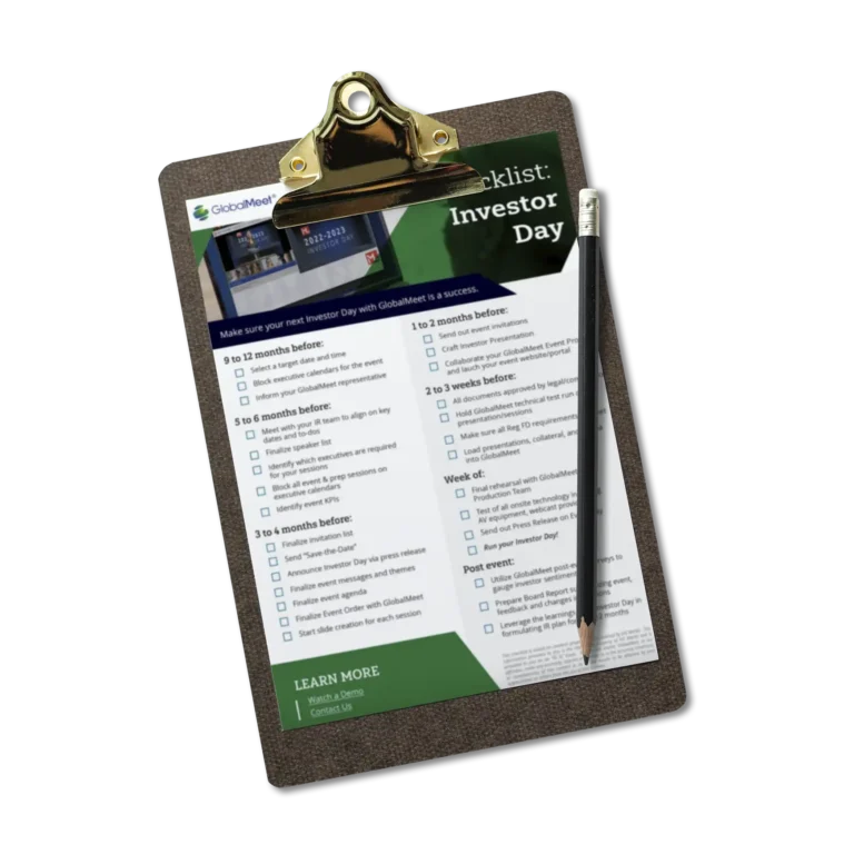 mock up image promoting globalmeet's Investor Day Checklist showcasing a mockup of the checklist on a clip board