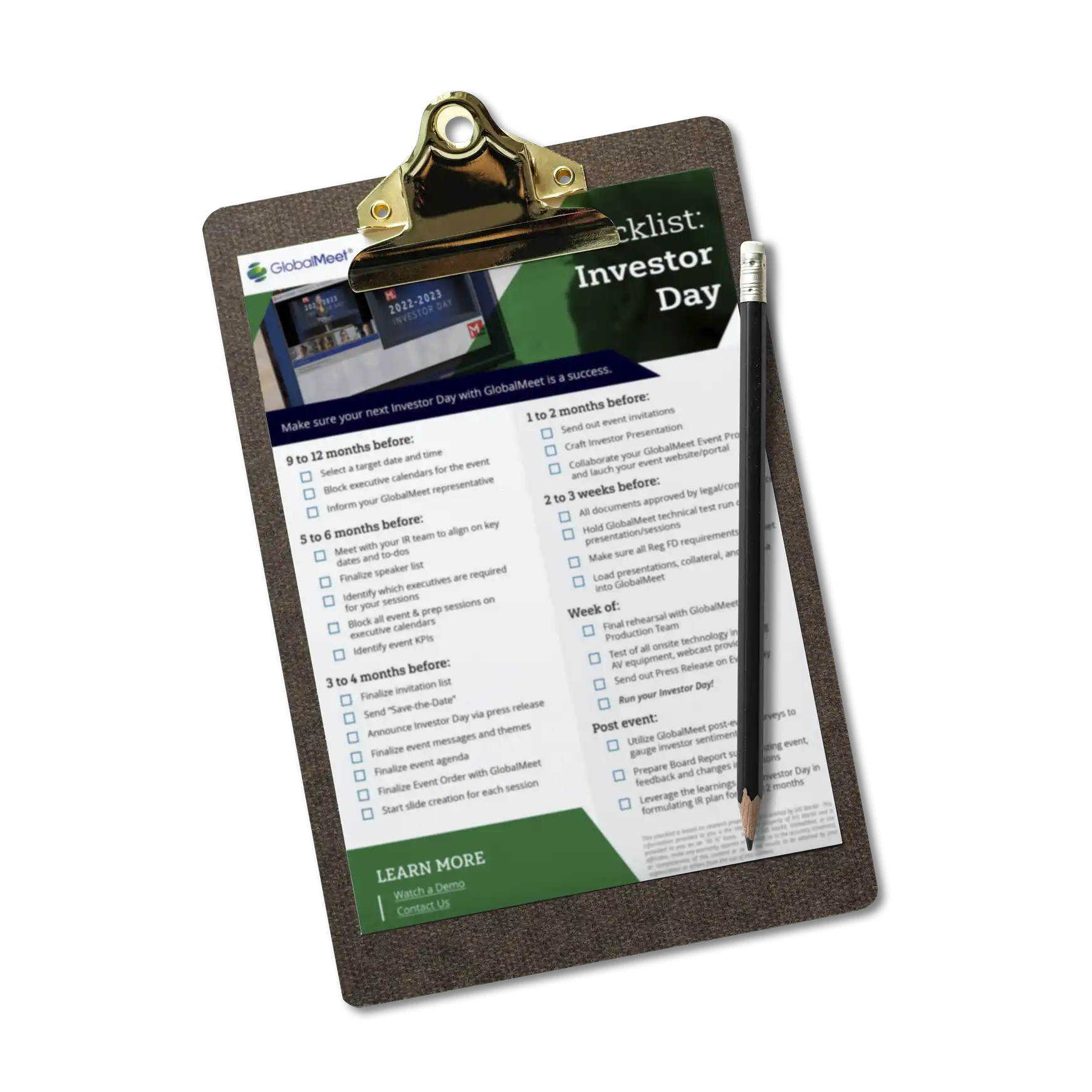 mock up image promoting globalmeet's Investor Day Checklist showcasing a mockup of the checklist on a clip board