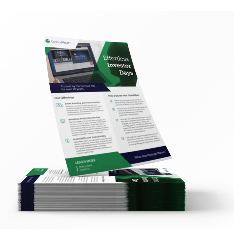 mock up image promoting globalmeet's Investor Day One-pager showcasing a mockup pile of the overviews