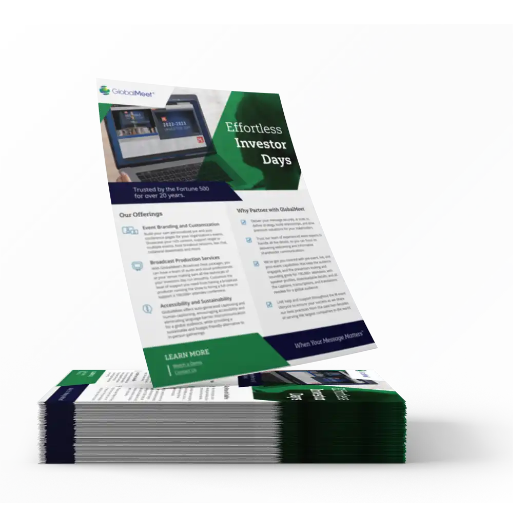 mock up image promoting globalmeet's Investor Day One-pager showcasing a mockup pile of the overviews