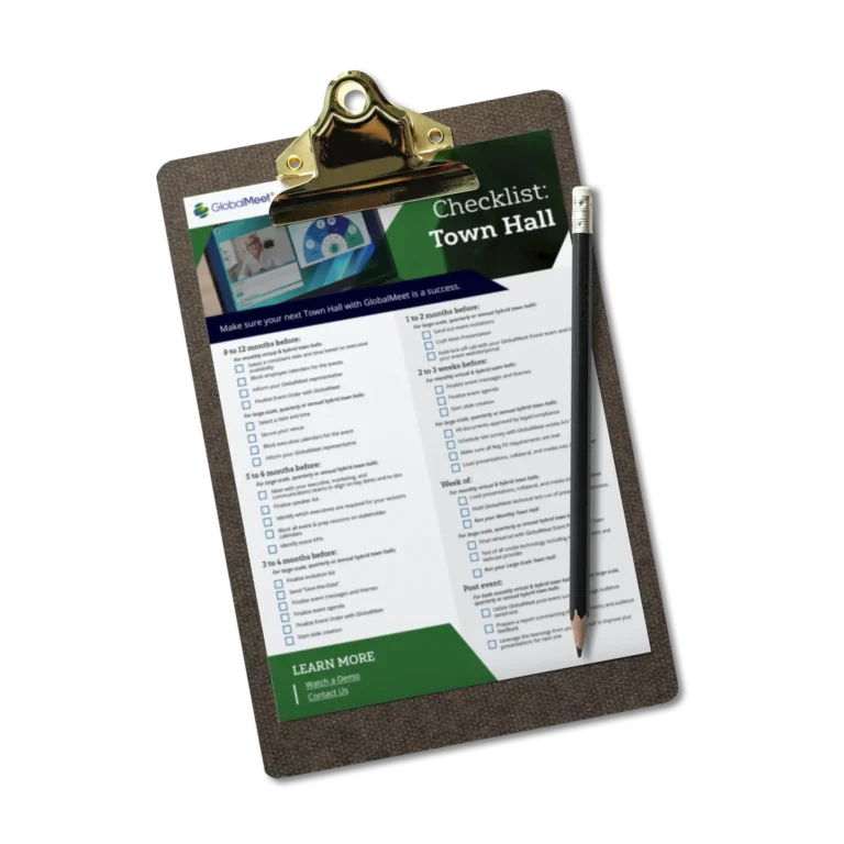 mock up image promoting globalmeet's Town Hall Checklist showcasing a mockup of the checklist on a clip board