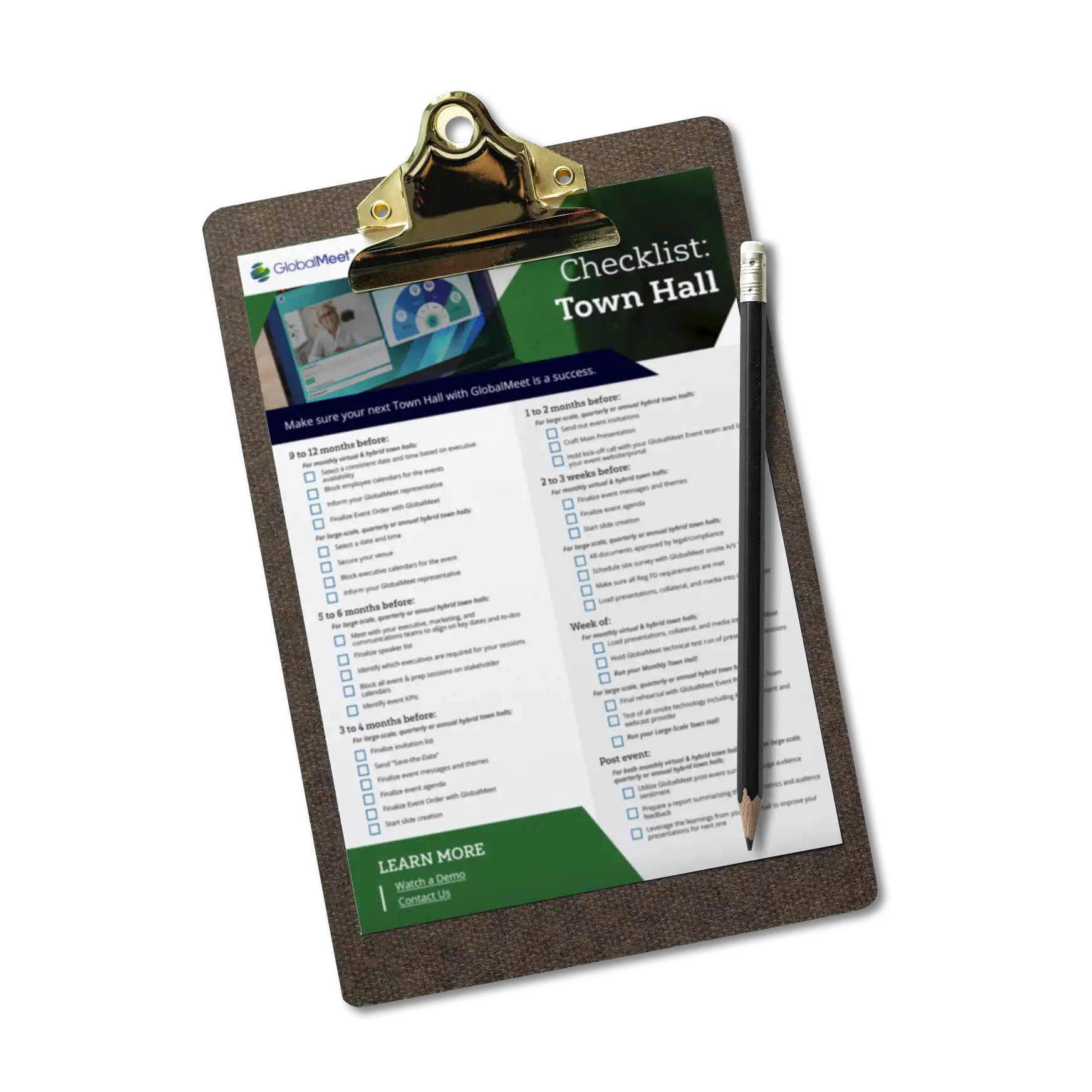 mock up image promoting globalmeet's Town Hall Checklist showcasing a mockup of the checklist on a clip board