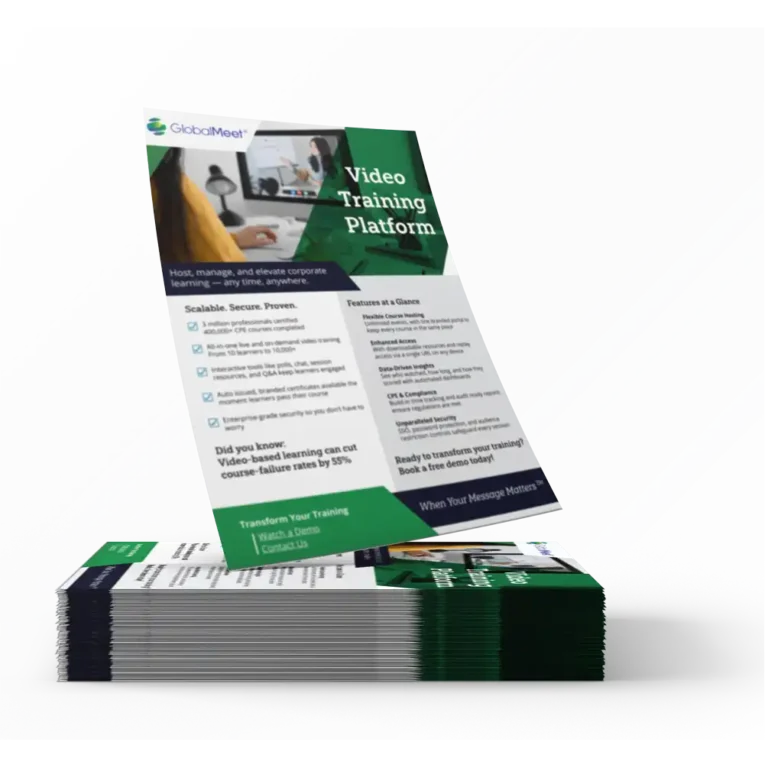 mock up image promoting globalmeet's Video Training Platform Overview, showcasing a mockup pile of the overviews