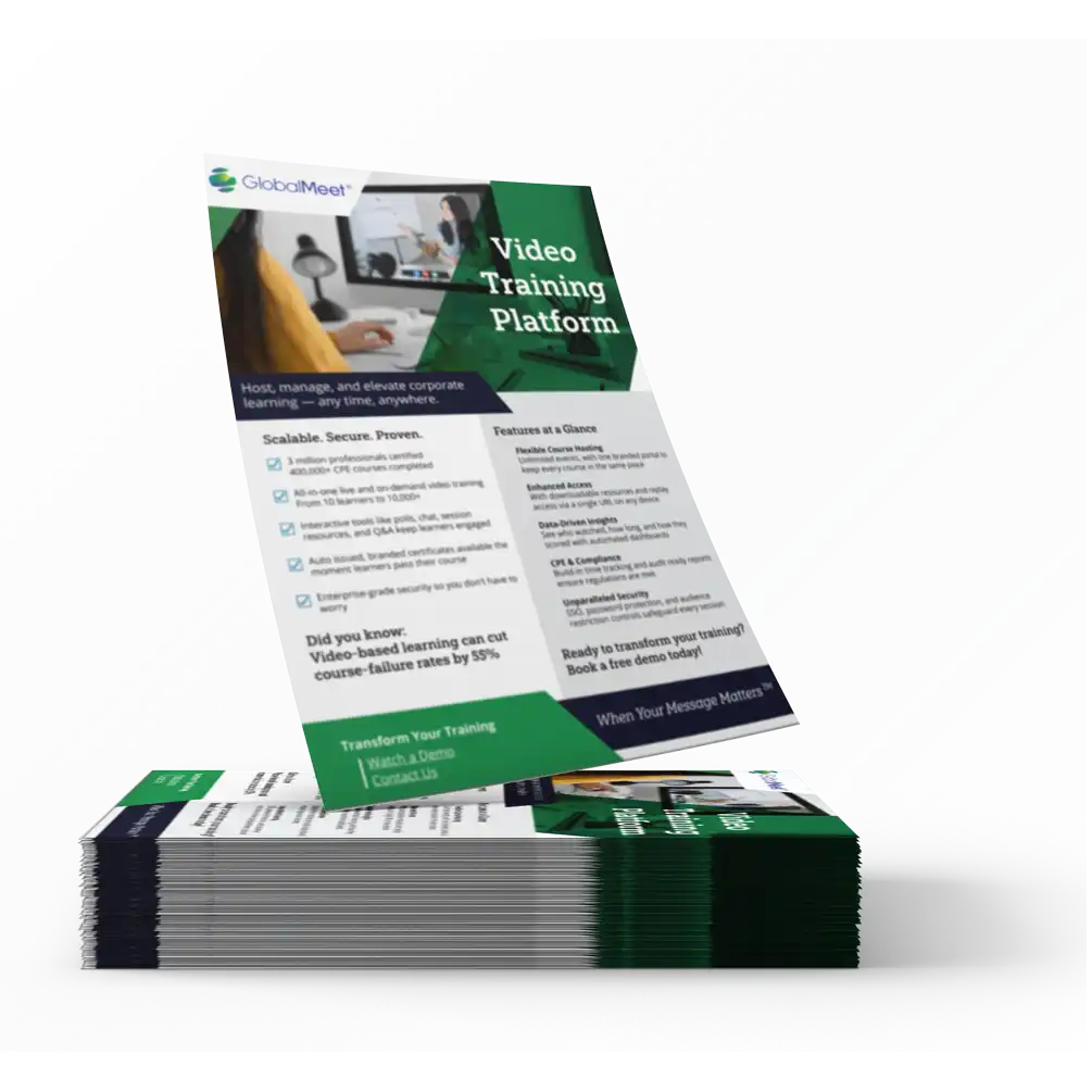 mock up image promoting globalmeet's Video Training Platform Overview, showcasing a mockup pile of the overviews