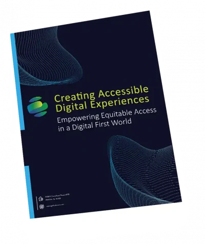 mock up image promoting globalmeet's Creating Accessible Digital Experiences e-book, reading "Creating Accessible Digital Experiences: Empowering Equitable Access in a Digital First World"