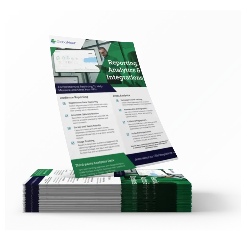 mock up image promoting globalmeet's Reporting, analytics, and integrations Overview, showcasing a mockup pile of the overviews