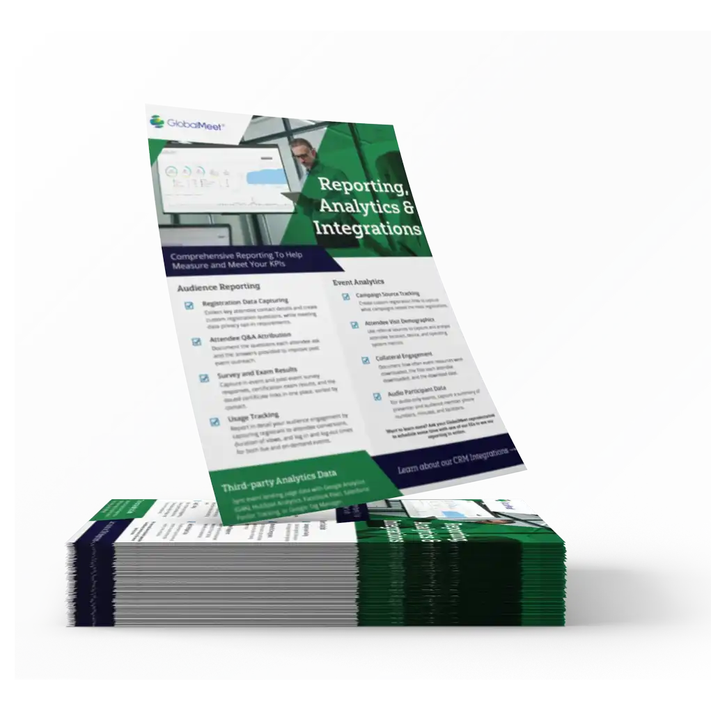 mock up image promoting globalmeet's Reporting, analytics, and integrations Overview, showcasing a mockup pile of the overviews