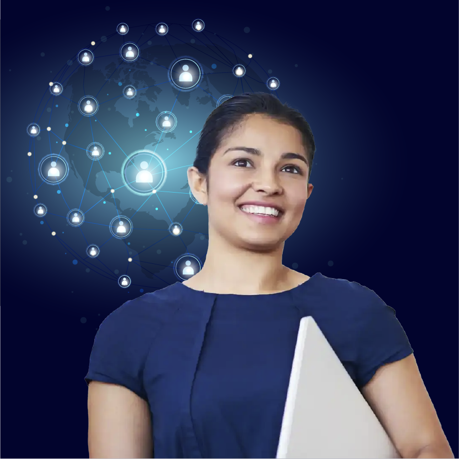 image of a Human Resources professional standing in front of a digital representation of a global workforce