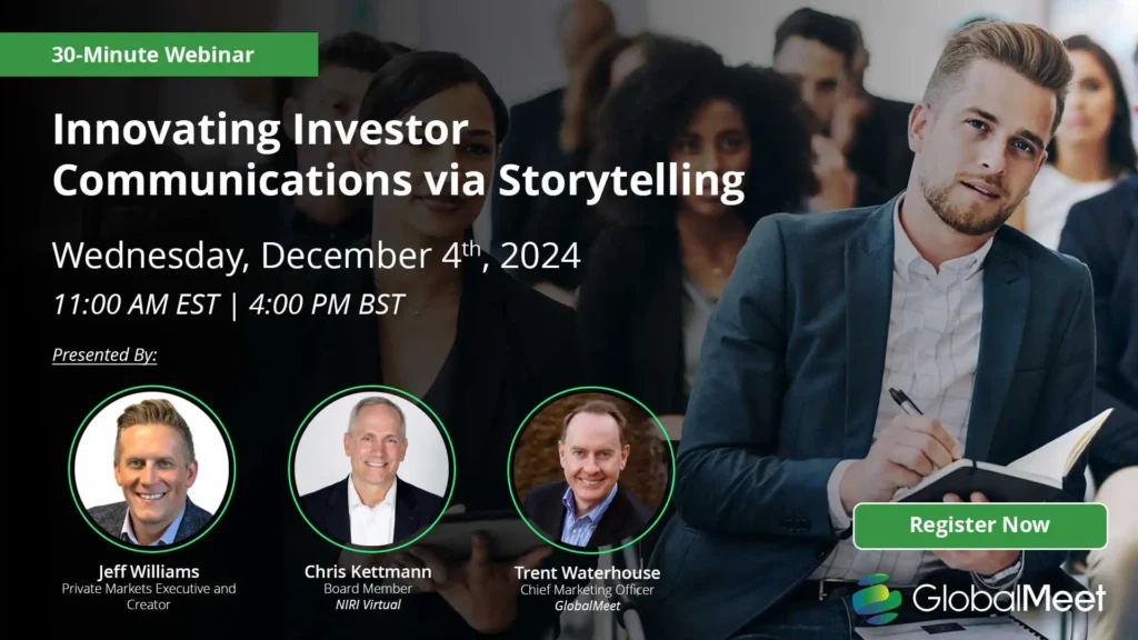Graphic promoting GlobalMeet's Innovating Investor Communications via Storytelling event