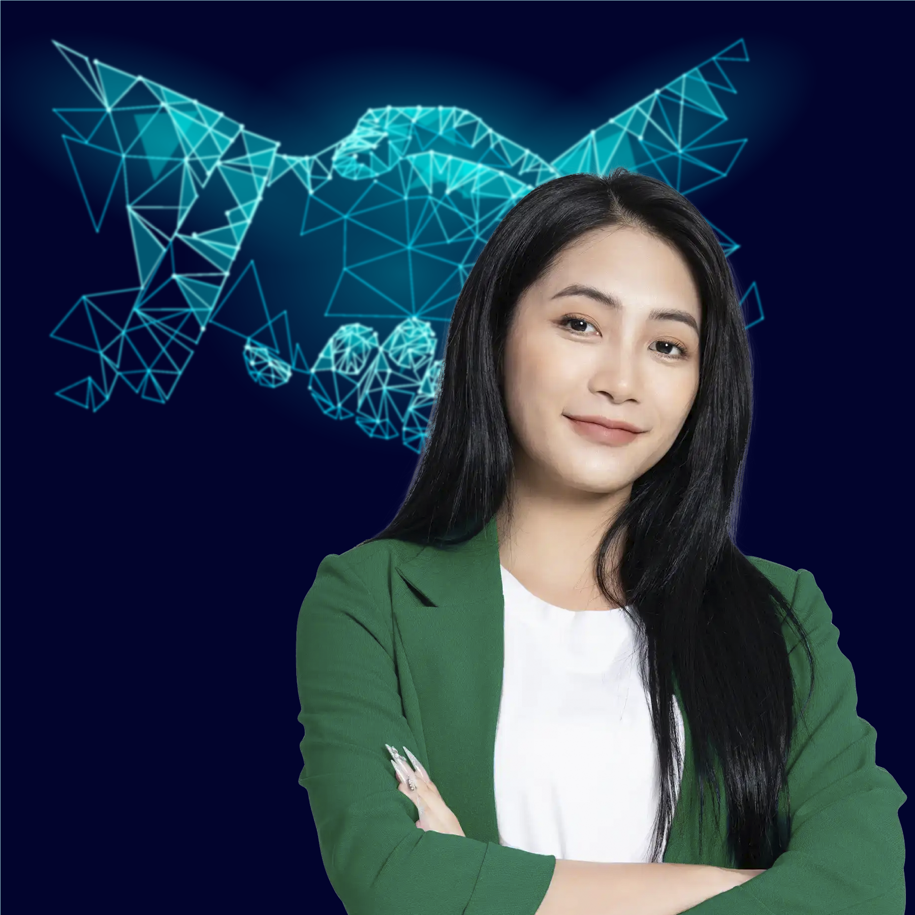 image of a Investor Relations professional standing in front of a digital representation of a handshake