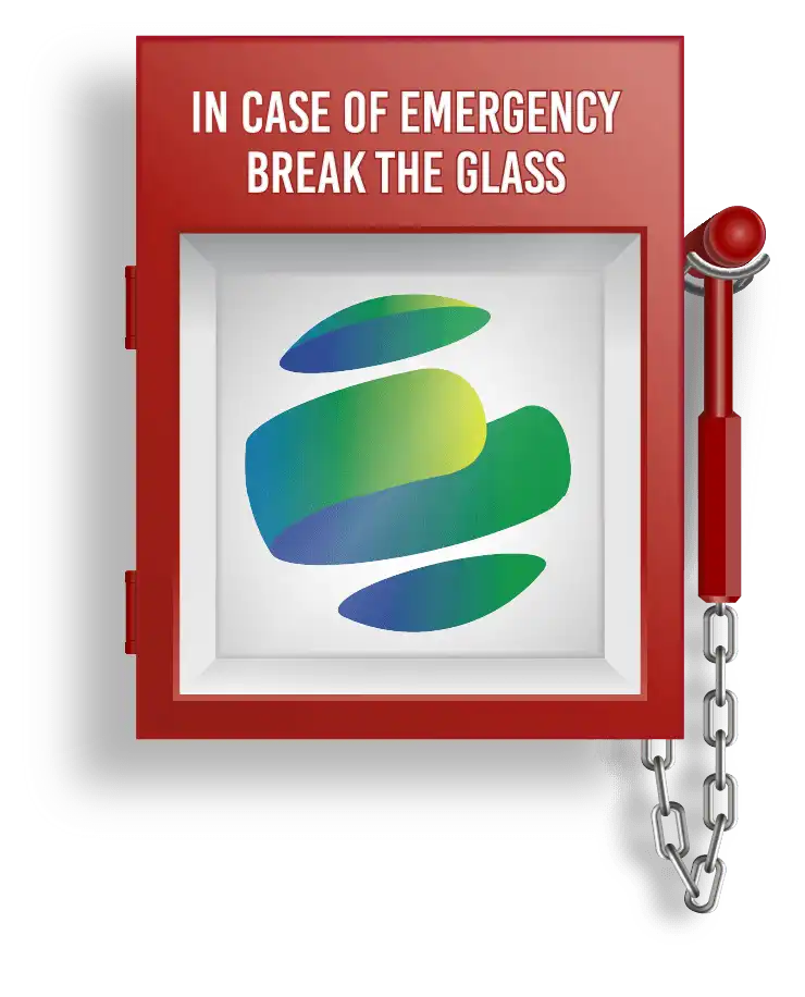 image of the globalmeet logo behind emergency glass representing globalmeet's pre-paid emergency event offering