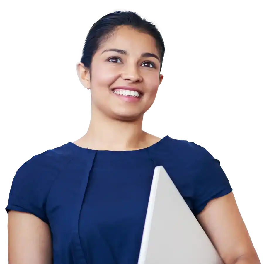 an image of a woman in a blue dress, holding a clip board