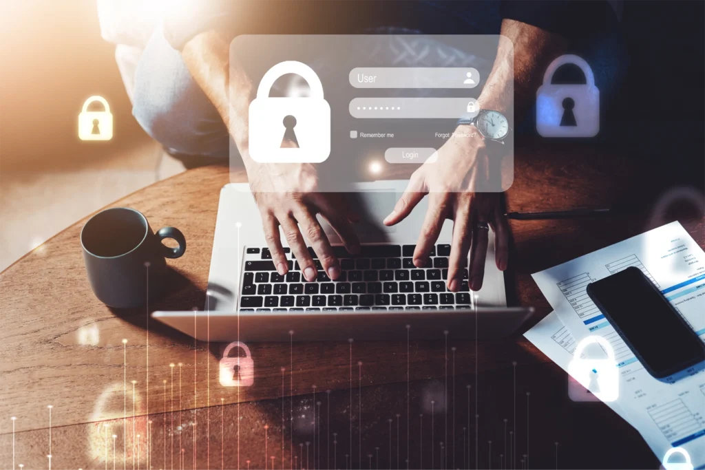 An image of hands at a keyboard with a secure login graphic overlay.