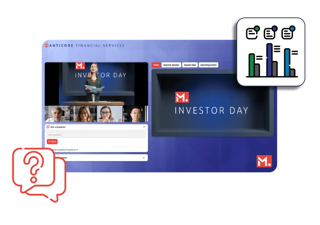 image of a mockup globalmeet webcast surrounded by a polling icon and a question icon