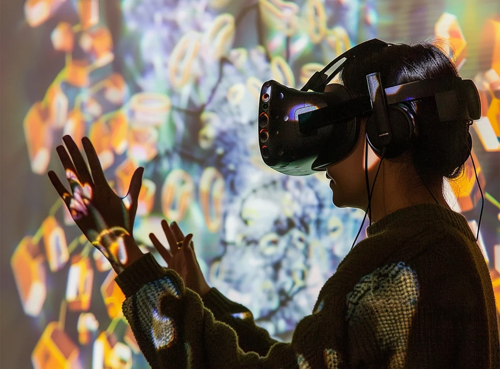 A woman wearing a VR headset for a virtual event