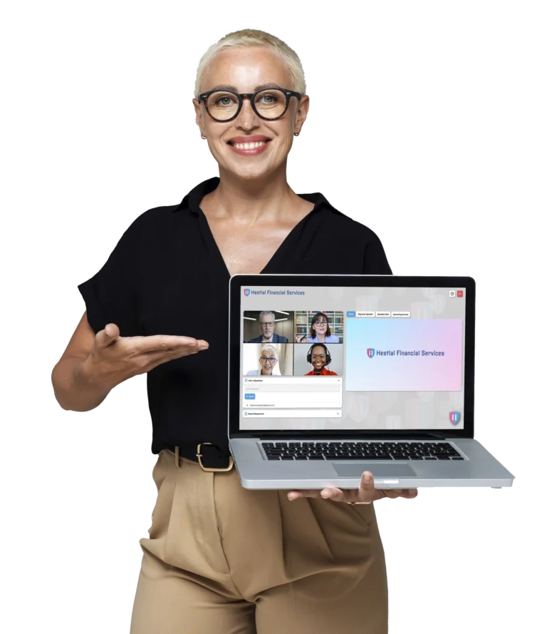 Woman with short hair holding laptop showing GlobalMeet Webinar